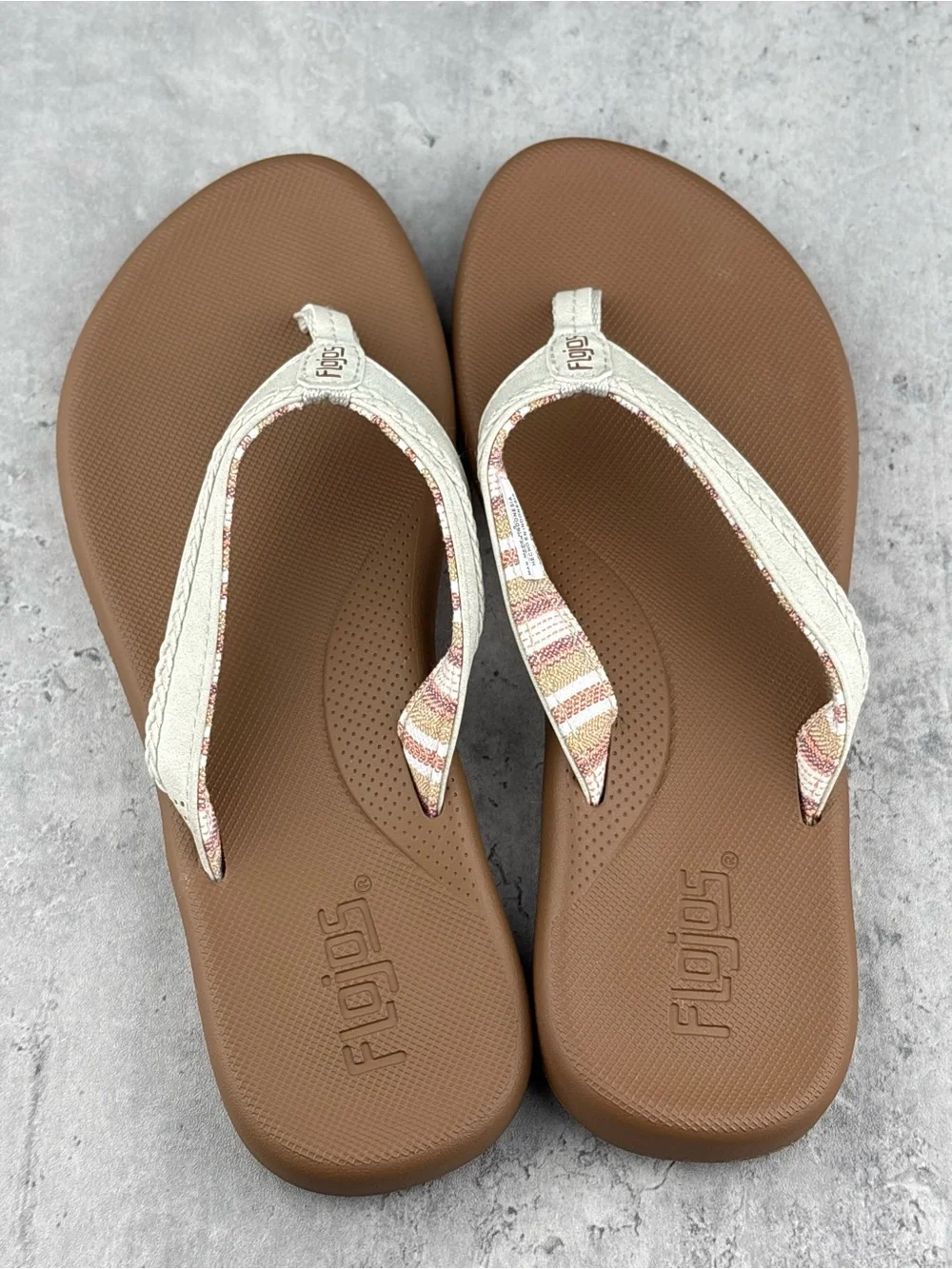 Flojos Brown Footbed White Straps Striped Accent Flip Flops
